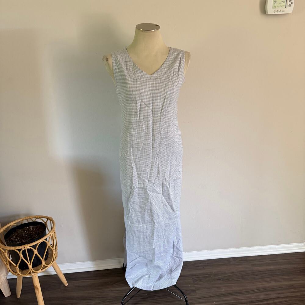 Garnet Hill 100% Linen Grey Gingham Plaid Maxi Dress Plus Size 18 Cottagecore